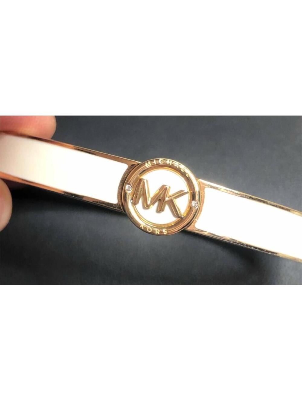4175 Michael Kors goldtone White Enamel MK Logo bangle Bracelet 6-3/4"